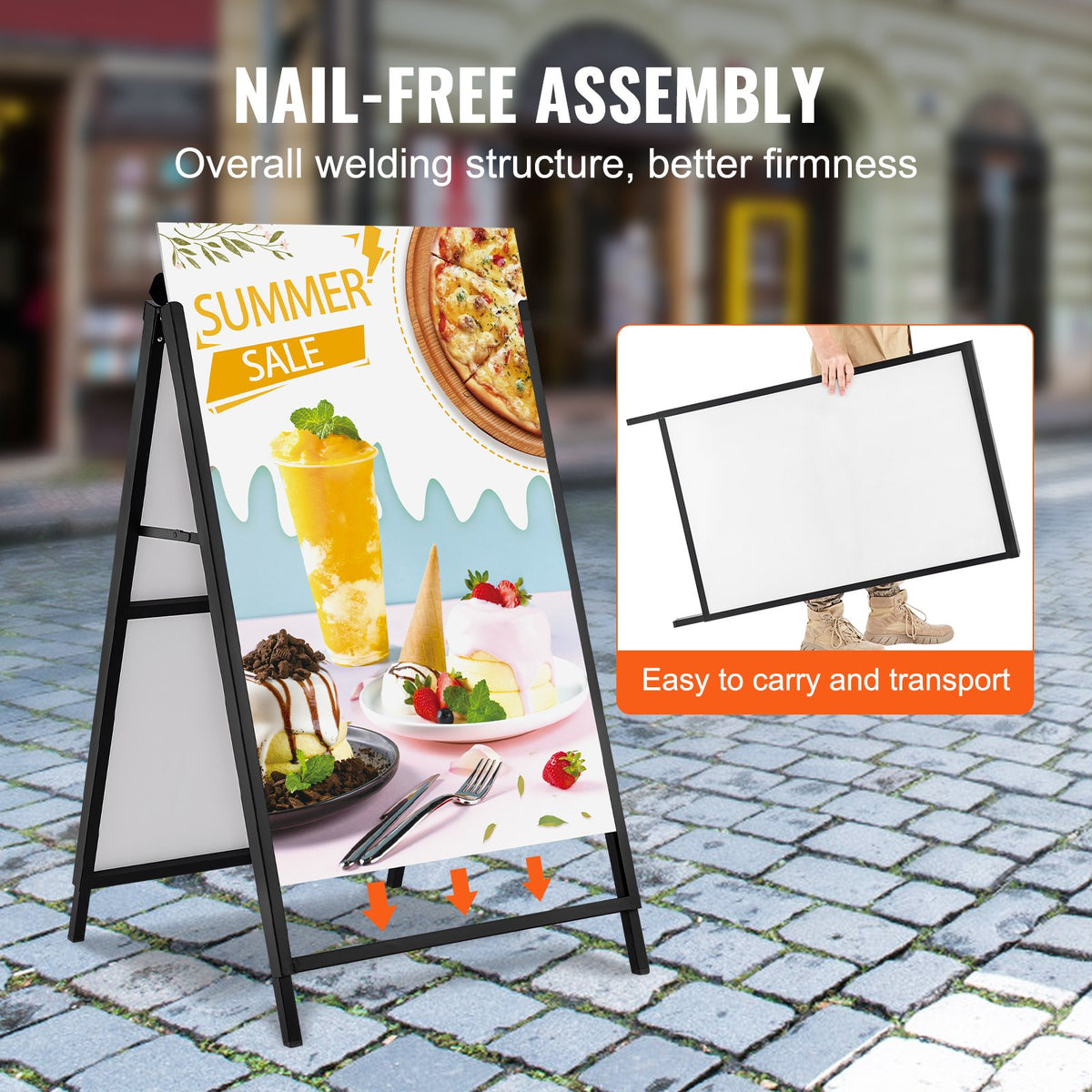 A Frame Sidewalk Sign, 24x36 Inch Heavy Duty Slide-in Signboard Holder, Double-Sided Folding Sandwich Board Signs, Steel Pavement Sign Poster for Outdoor Business Street Advertising (Frame only)