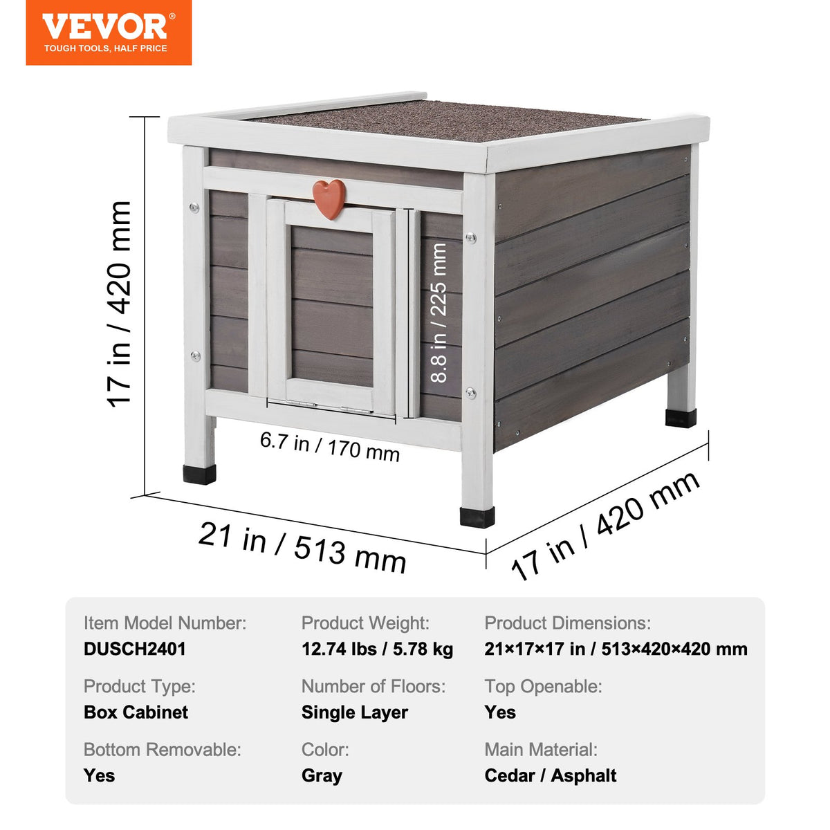 Väderbeständigt katthus för utomhusbruk, skydd för vilda katter, trähus för utomhusbruk för katt och kanin med PVC-dörrflikar och öppet tak, 54,5 cm L x 43,5 cm B x 43,5 cm H