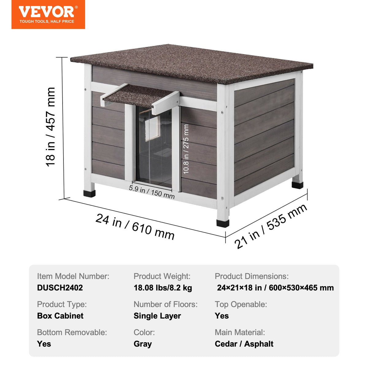 Väderbeständigt katthus för utomhusbruk, skydd för vilda katter, trähus för utomhusbruk för katt och kanin med fönster, öppet tak och PVC-dörrflikar, 61 cm L x 53 cm B x 46 cm H