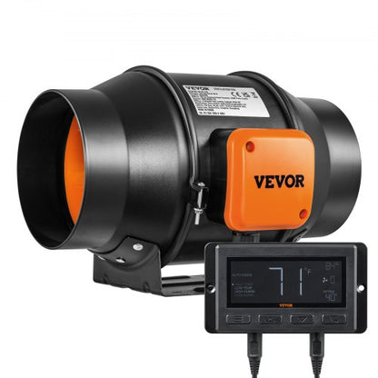 Inline-kanalfläkt, 6-tums 402 CFM med temperatur- och fuktighetsregulator, tyst EC-motorventilationsfläkt för kylförstärkare, odlingstält, hydroponik