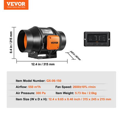 Inline-kanalfläkt, 6-tums 402 CFM med temperatur- och fuktighetsregulator, tyst EC-motorventilationsfläkt för kylförstärkare, odlingstält, hydroponik