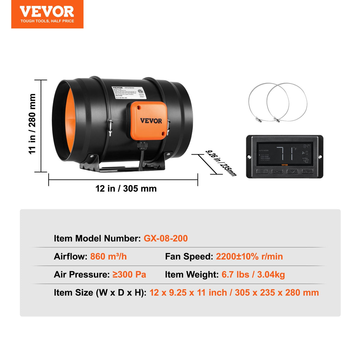 Inline-kanalfläkt, 203,2 mm 506,2 CFM med temperatur- och fuktighetsregulator, tyst EC-motorventilationsfläkt för kylförstärkare, odlingstält, hydroponik