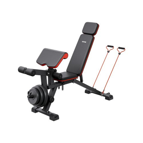 Viktbänk, 360 kg justerbar viktpress för helkroppsträning, sit up-bänk för hemmagym, platt bänk med benförlängning, predikantdyna, snabb justering