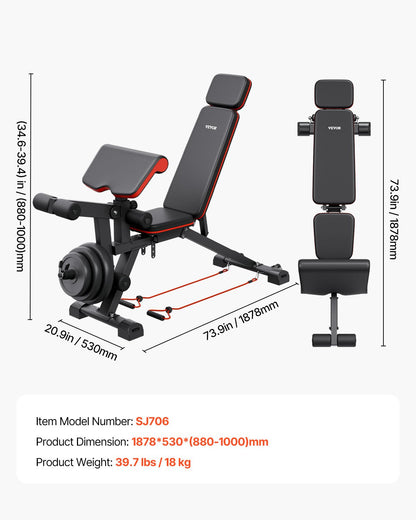 Viktbänk, 360 kg justerbar viktpress för helkroppsträning, sit up-bänk för hemmagym, platt bänk med benförlängning, predikantdyna, snabb justering