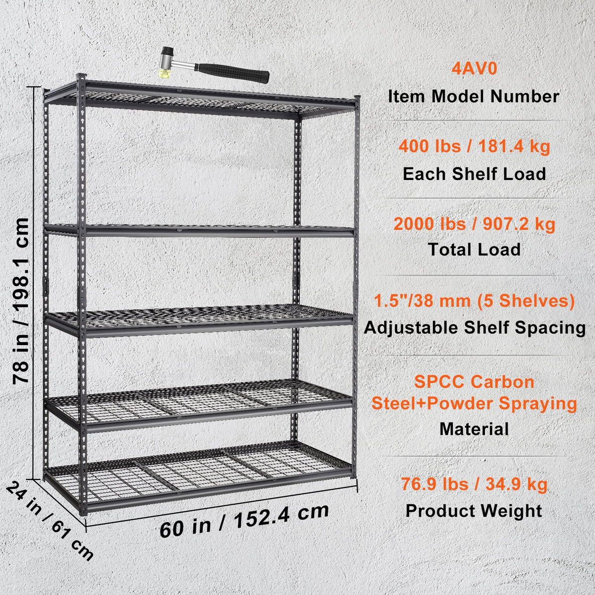 Förvaringshylla, justerbar i 5 våningar, 900 kg kapacitet, kraftiga garagehyllor i metall, trådställ, svart, 152 cm L x 61 cm B x 213 cm H för kök, skafferi, källare, badrum, tvättstuga