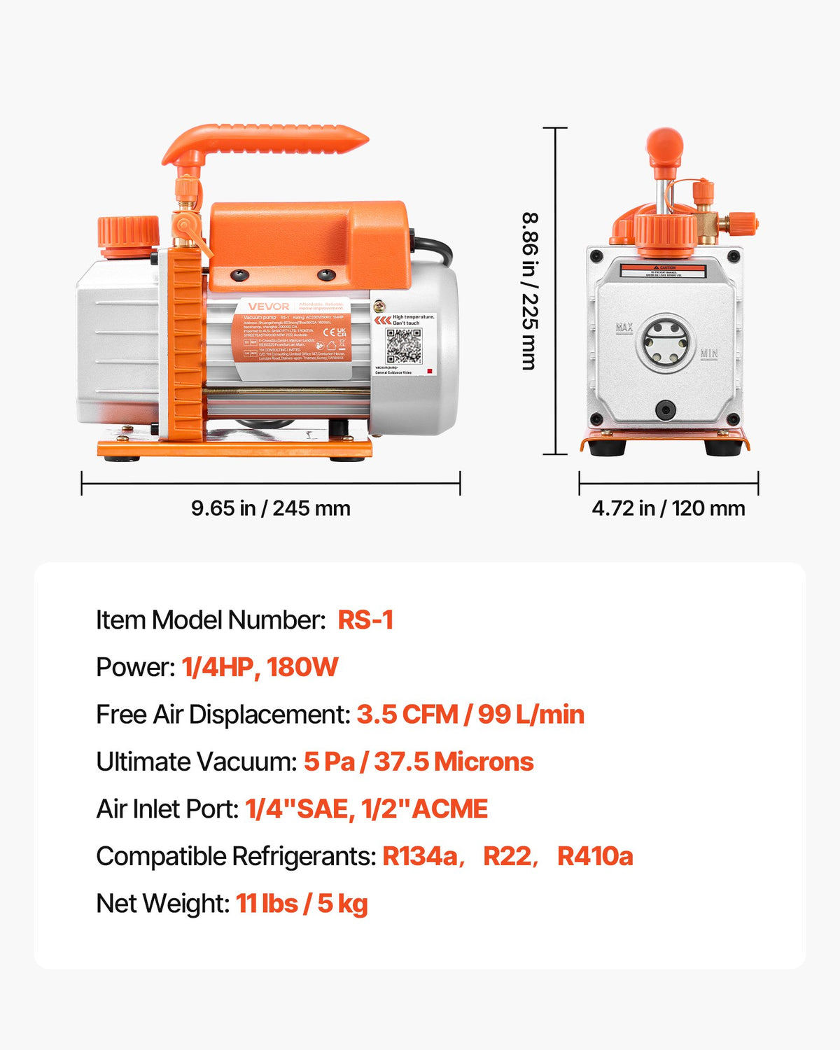 Vacuum Pump, 3.5 CFM 99 L/min, HVAC Single Stage Rotary Vane AC Vacuum Pump, for R134a R22 R410a Systems, 4 Pole Motor, for Automotive Air Conditioner Maintenance Resin Degassing, Oil Included