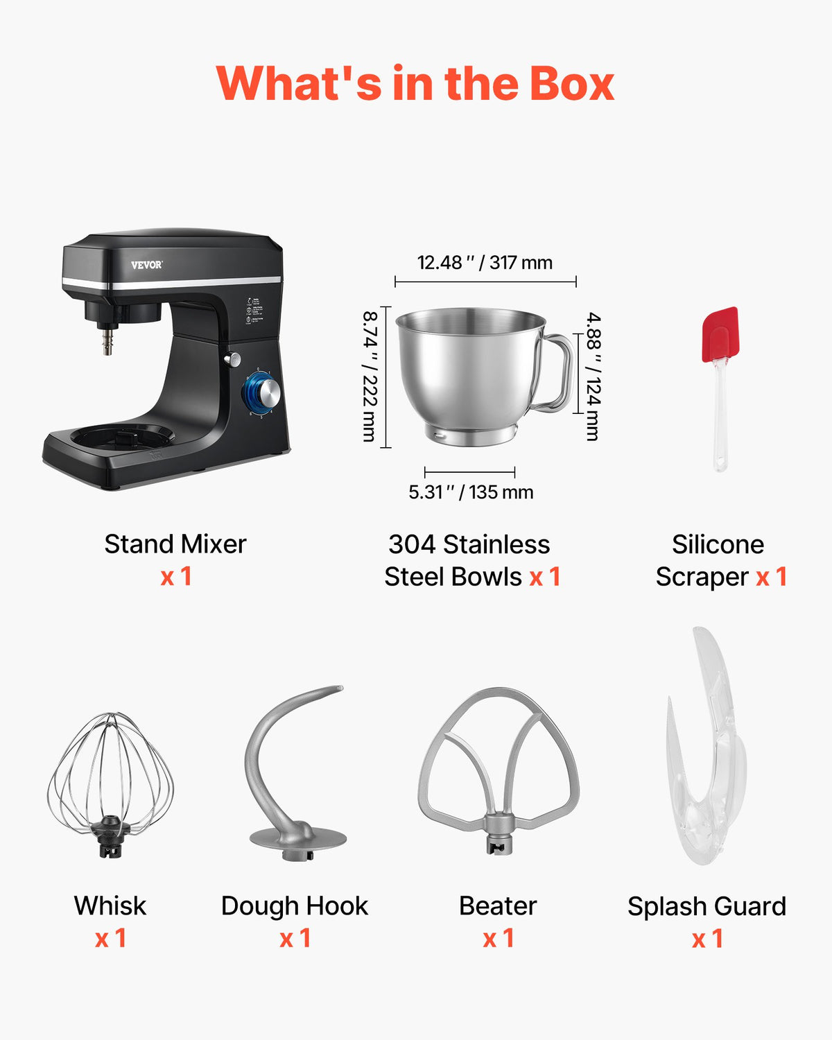 Köksmaskin, 8,3 liter degmixer, 1400 W, 6+ hastigheter, tiltbart huvud, skål i rostfritt stål, degkrok, visp, platt visp, skrapa, köksmaskin för bakning och mixning, svart