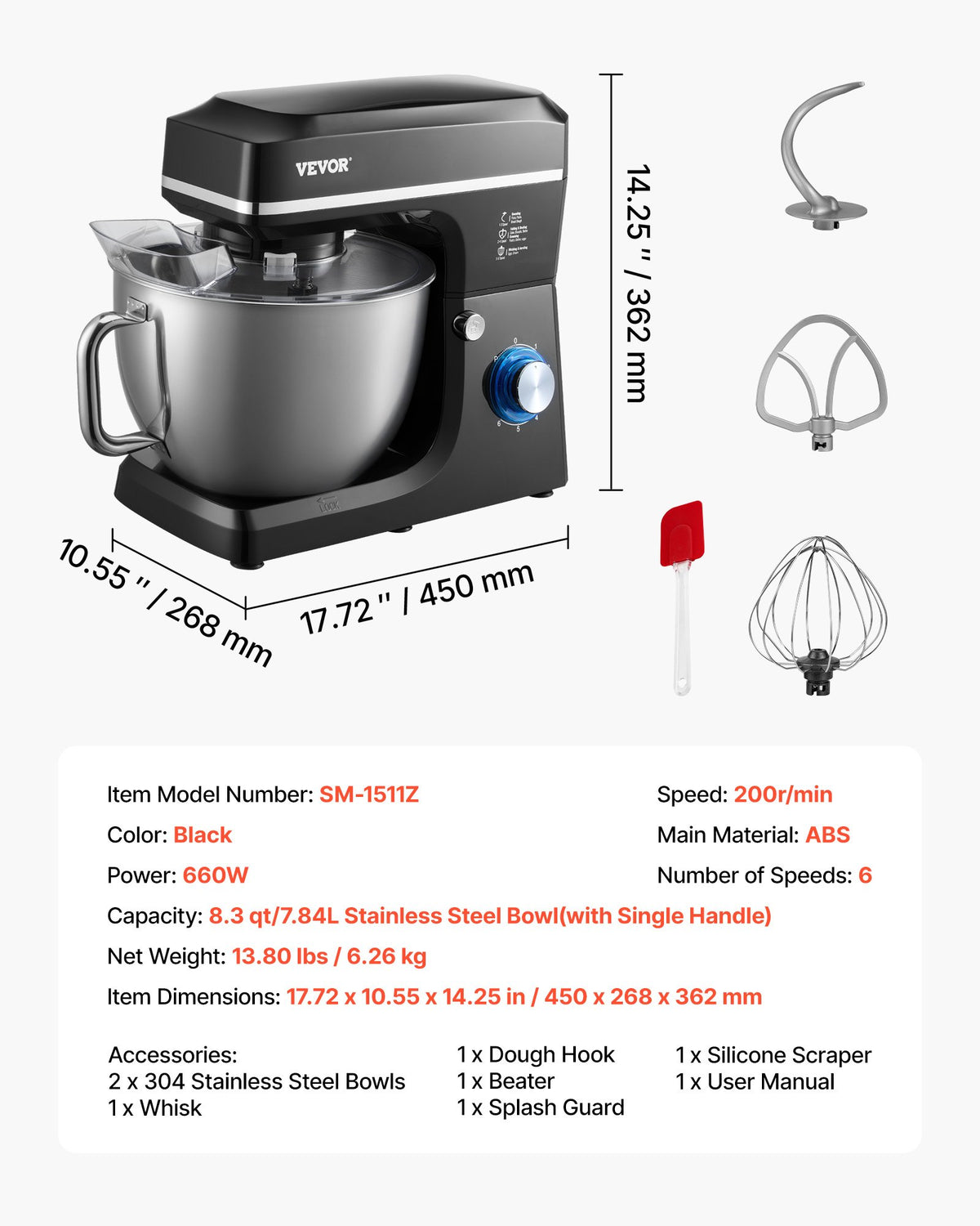 Köksmaskin, 8,3 liter degmixer, 1400 W, 6+ hastigheter, tiltbart huvud, skål i rostfritt stål, degkrok, visp, platt visp, skrapa, köksmaskin för bakning och mixning, svart