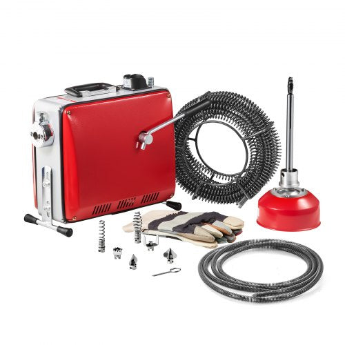 Avloppsrensningsmaskin, 390W 1400 RPM elektrisk rörrensningsmaskin för avlopp med slang med 12m x 16mm, 4.5m x 16mm och 8m x 9.5mm stålfjädervajer och 6 avbitartänger, passar rör med 50-110 mm diameter