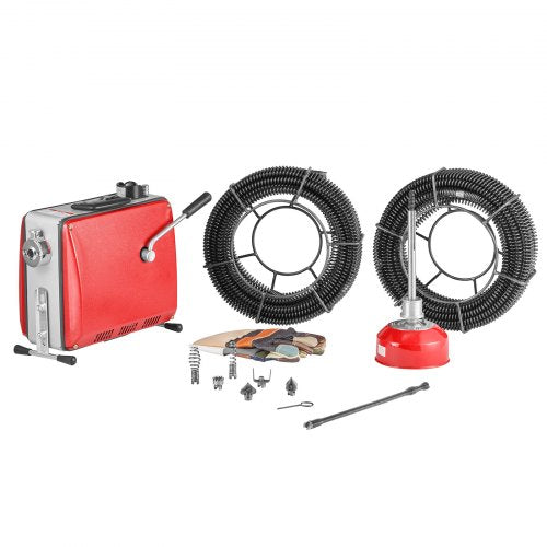 Avloppsrensningsmaskin, 500W 1400 RPM elektrisk rörrensningsmaskin för avlopp med 40m x 16mm, 5m x 9.5mm &amp; 0.4m x 12mm stålfjädervajer och 6 avbitartänger, passar rör med 50-110 mm diameter