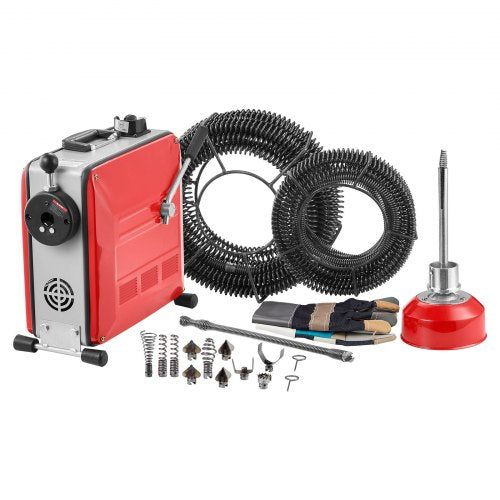 Avloppsrensningsmaskin, 850W elektrisk rörrensningsmaskin för avlopp med 14,5m x 16mm, 14m x 22mm, 5m x 9,5mm, 0,4m x 12mm stålfjädervajer och 11 avbitartänger, passar rör med 50-200 mm diameter