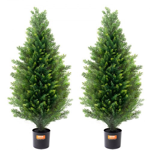 Konstgjord cederträd, 91 cm högt (2 stycken), med extra blad och kruka, konstgrönt cypressträd, UV-klassat konstgjort grönskande set för heminredning inomhus/utomhus