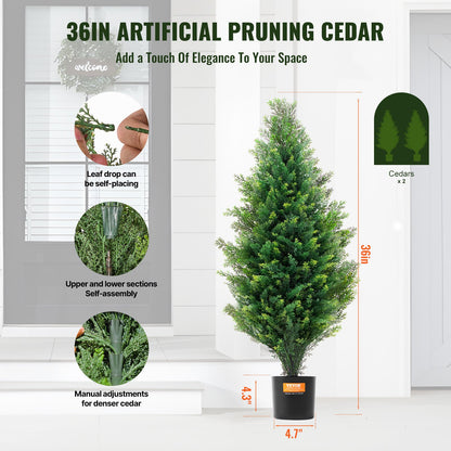 Konstgjord cederträd, 91 cm högt (2 stycken), med extra blad och kruka, konstgrönt cypressträd, UV-klassat konstgjort grönskande set för heminredning inomhus/utomhus