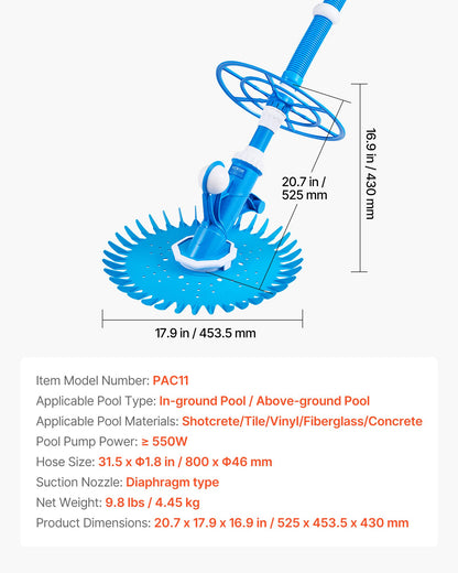 Sugande poolrengörare, automatisk pooldammsugare, automatisk poolrengörare med sugfunktion, sugande poolsopmaskin med 12 slangar, för nedgrävda och ovanmarkspooler upp till 609,6 x 1066,8 cm