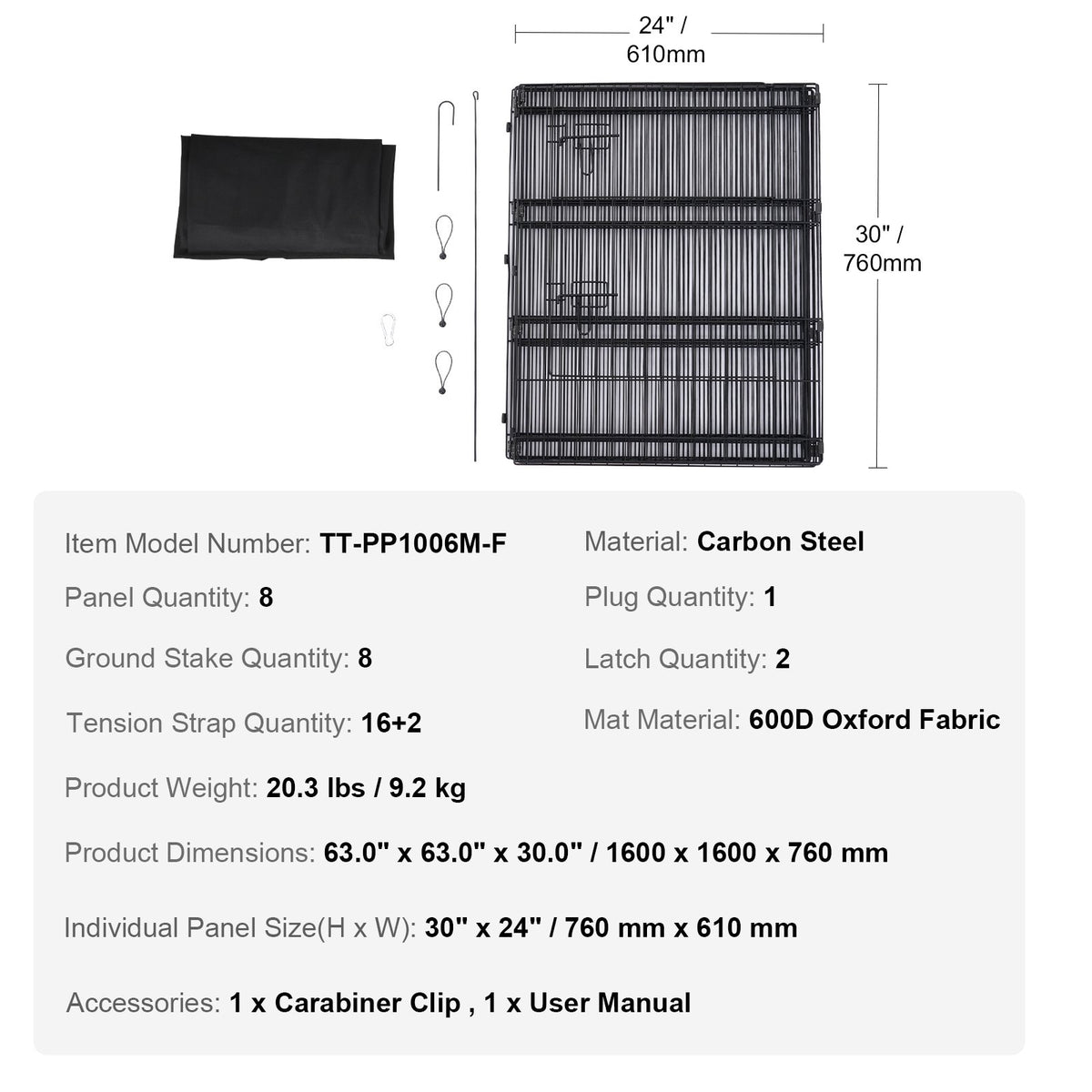 Hundhage, 8 st. 30"H x 24"B paneler vikbar metallträningspenna för husdjur, hundstaket för inomhus- och utomhusbruk med dörr, bottenplatta av 600D Oxfordtyg, lekhage för hundar, katter, andra smådjur