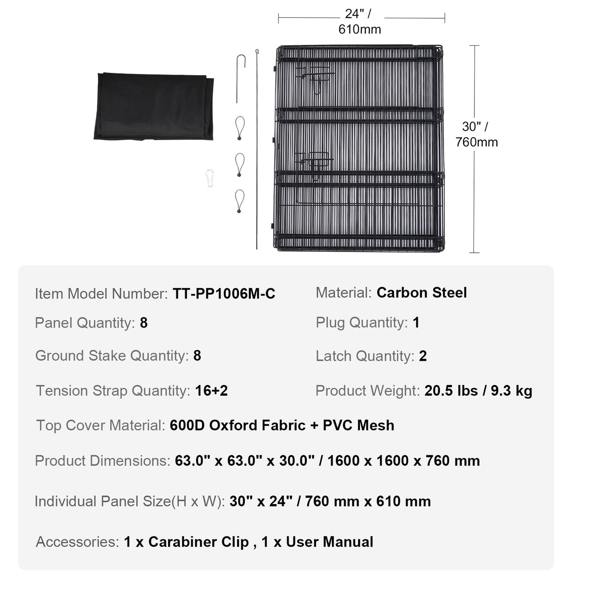 Hundhage, 8 st. 30"H x 24"B paneler vikbar metallträningshage för husdjur, hundstaket för inomhus- och utomhusbruk med dörr, 600D Oxfordtyg topplock, lekhage för hundar, katter, andra smådjur