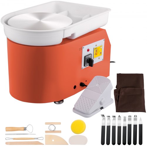 Keramikskiva 27,9 cm 0-300 varv/min keramisk skiva, 350 W justerbar hastighet formningsmaskin med skulpteringsverktyg och förkläde, avtagbar fotpedal för handfat, för konsthantverk och hem-Gör-det-själv, orange