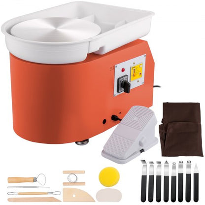 Keramikskiva 27,9 cm 0-300 varv/min keramisk skiva, 350 W justerbar hastighet formningsmaskin med skulpteringsverktyg och förkläde, avtagbar fotpedal för handfat, för konsthantverk och hem-Gör-det-själv, orange