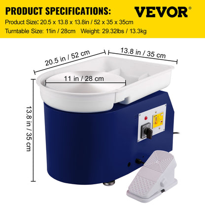 Keramikskiva 27,9 cm 0-300 varv/min keramisk skiva, 350 W justerbar hastighetsformningsmaskin med skulpteringsverktyg och förkläde, avtagbar fotpedal för handfat, för konsthantverk och heminredning, blå