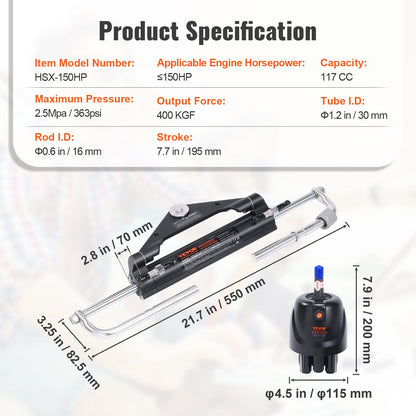 Hydraulic Outboard Steering Kit, 112 kW(150HP), Marine Boat Hydraulic Steering System, with Helm Pump Two-Way Lock Cylinder and 6.1 m(20 Feet) Hydraulic Steering Hose, for Single Station Single-Engine Boats