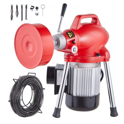 Avloppsrensningsmaskin 66FT x 5/8 tum, 250W elektrisk avloppsborr manuell matning - med 2 stålkablar (66' x 5/8" och 15' x 3/8"), 7 skärare och medurs/moturs kontroll för rör på 1,6" till 4"