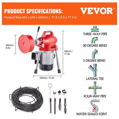 Avloppsrensningsmaskin 66FT x 5/8 tum, 250W elektrisk avloppsborr manuell matning - med 2 stålkablar (66' x 5/8" och 15' x 3/8"), 7 skärare och medurs/moturs kontroll för rör på 1,6" till 4"