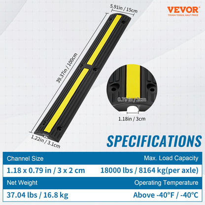 Cable Protector Ramp 100x15x3.1 cm, 4 Pack of 1 Channel, 8164.7 kg/axle Capacity Heavy Duty Rubber Speed Bumps, Floor Cord Cable Protector Wire Cover, for Residential Areas, Private Garages, Gardens