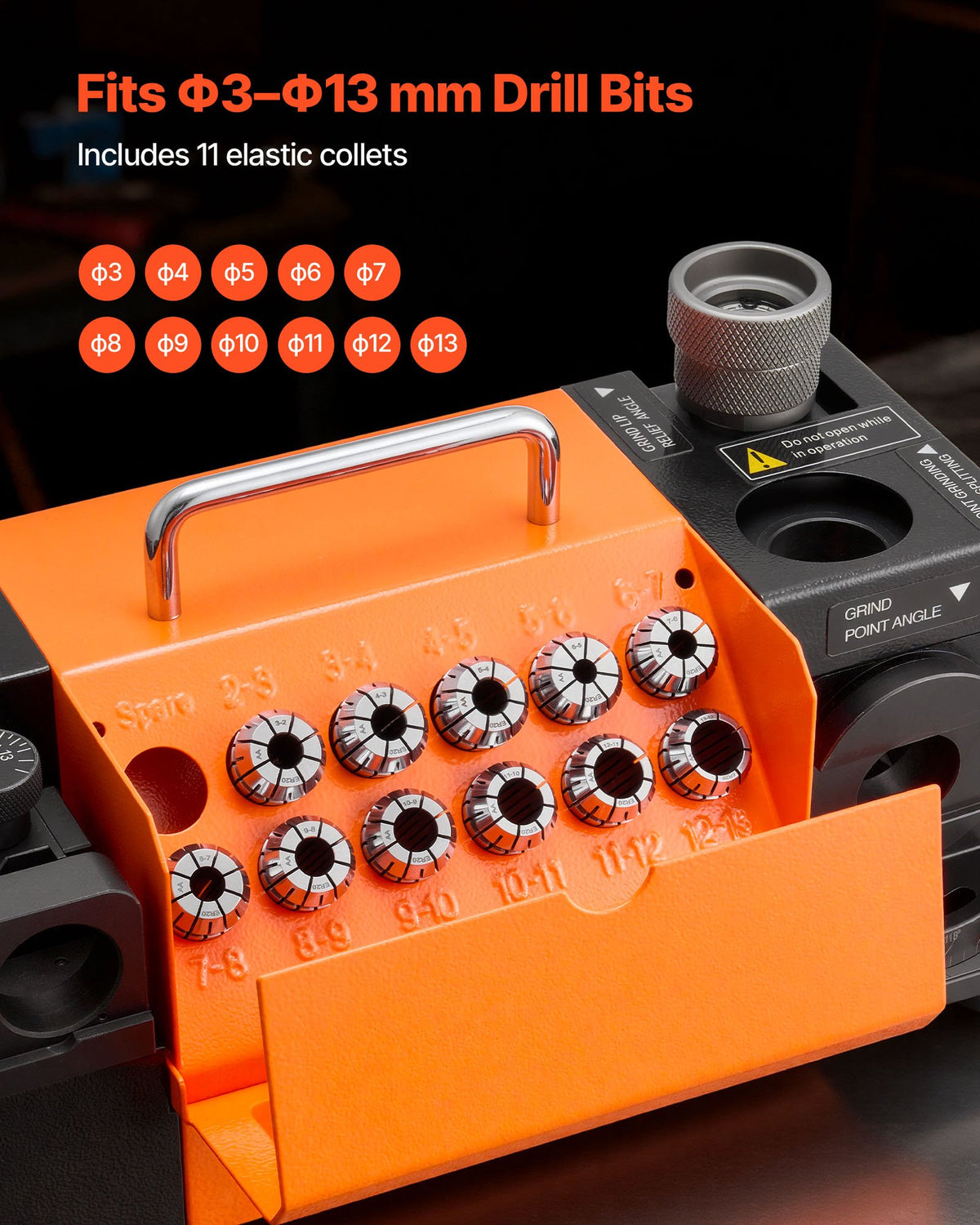 Drill Bits Sharpener MR-13D, 3–13mm Professional Drill Bit Grinder with Adjustable Lip Relief Angle, Front Cutting Lip & 95°-135° Point Angle, 4600RPM Re-Sharpener with 11 Collets & CBN Wheel