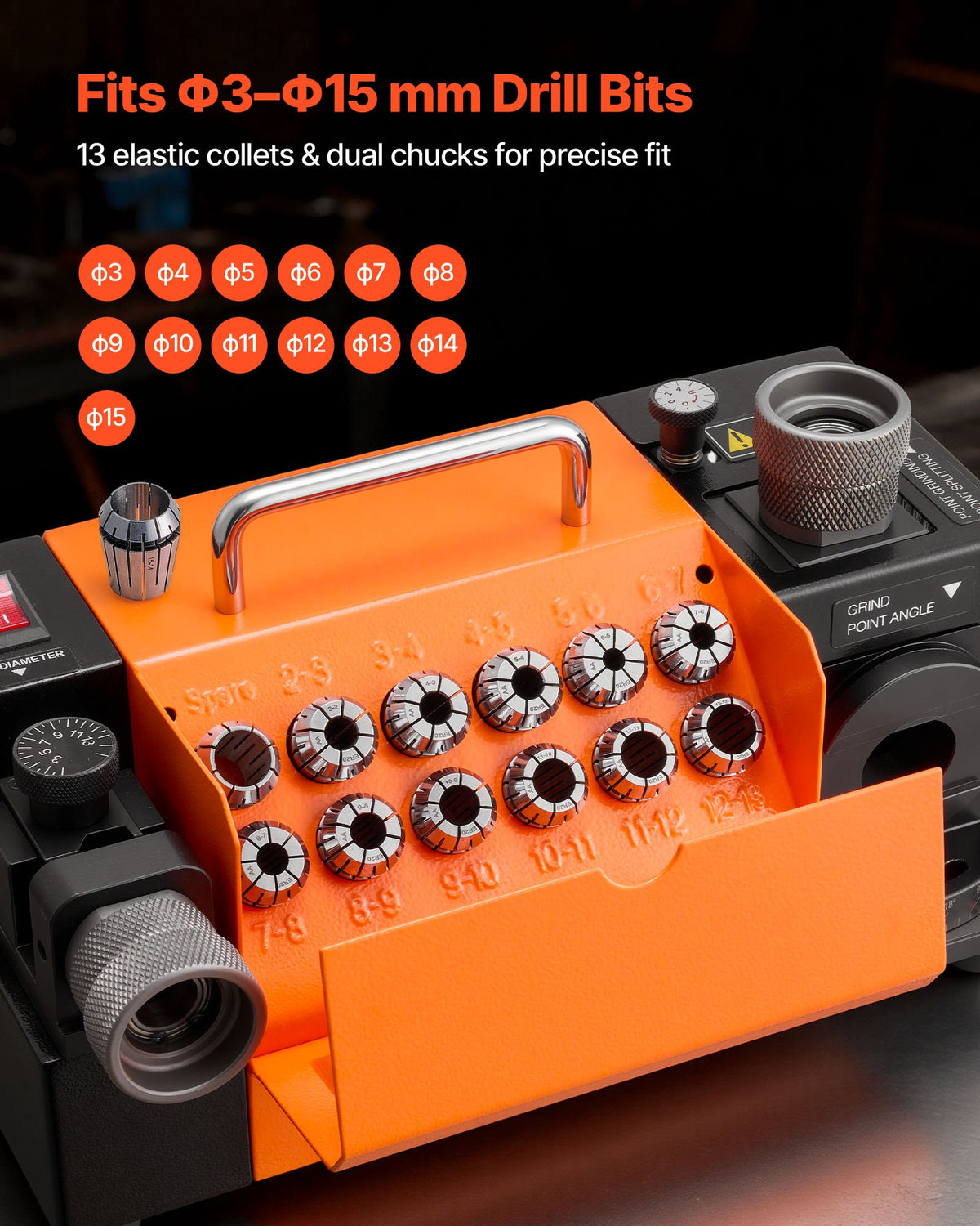 Drill Bits Sharpener MR-13B, 3-15mm Drill Bit Grinder Sharpener with Adjustable Lip Relief Angle & 95°-135° Point Angle, 4600RPM High Speed Re-Sharpener with 13 Collets, CBN & SDC Wheels