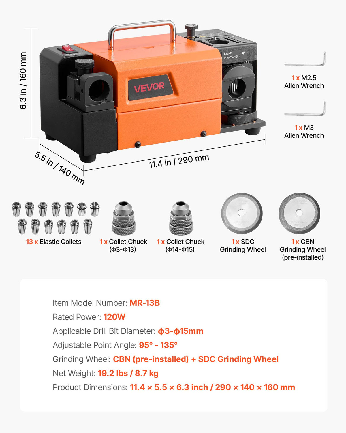 Drill Bits Sharpener MR-13B, 3-15mm Drill Bit Grinder Sharpener with Adjustable Lip Relief Angle & 95°-135° Point Angle, 4600RPM High Speed Re-Sharpener with 13 Collets, CBN & SDC Wheels