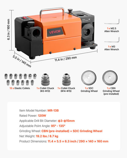 Drill Bits Sharpener MR-13B, 3-15mm Drill Bit Grinder Sharpener with Adjustable Lip Relief Angle & 95°-135° Point Angle, 4600RPM High Speed Re-Sharpener with 13 Collets, CBN & SDC Wheels
