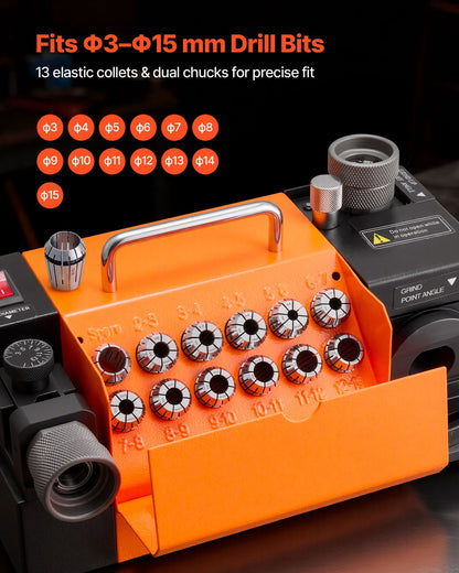 Drill Bits Sharpener MR-13A, 3-15mm Drill Bit Grinder Sharpener with 95°-135° Adjustable Point Angle, 4600RPM High Speed Re-Sharpening Machine with 13 Collets & CBN Wheel for Workshops Garages