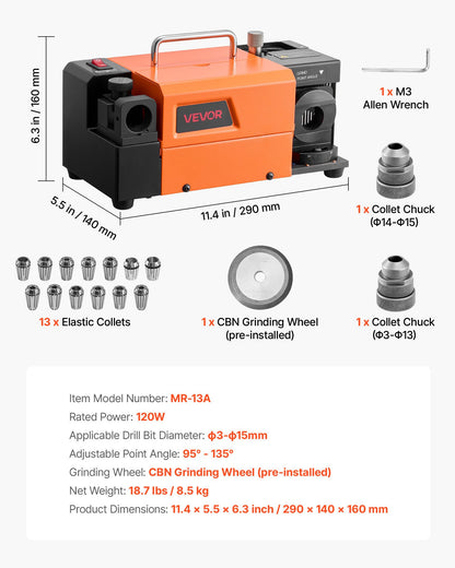 Drill Bits Sharpener MR-13A, 3-15mm Drill Bit Grinder Sharpener with 95°-135° Adjustable Point Angle, 4600RPM High Speed Re-Sharpening Machine with 13 Collets & CBN Wheel for Workshops Garages