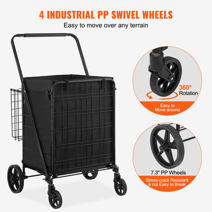 Folding Shopping Cart with Removable Waterproof Liner, 149.7kg Large Capacity Jumbo Grocery Cart with Dual Basket, 360° Swivel Wheels, Dense Metal Mesh Base, Heavy Duty Utility Cart for Shopping