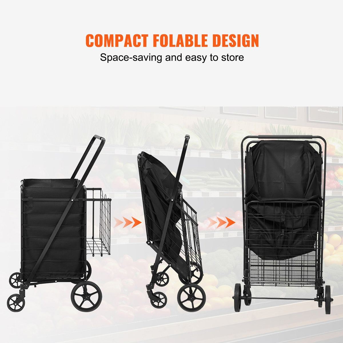 Folding Shopping Cart with Removable Waterproof Liner, 149.7kg Large Capacity Jumbo Grocery Cart with Dual Basket, 360° Swivel Wheels, Dense Metal Mesh Base, Heavy Duty Utility Cart for Shopping