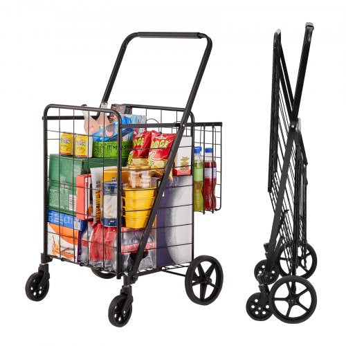 Hopfällbar kundvagn, jumbo matvagn med dubbla korgar, 360° svängbara hjul, kraftig verktygsvagn, 110 kg stor kapacitet för tvätt, shopping, matvaror, bagage