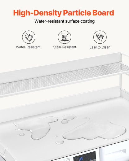 Bänkskiva för tvättmaskin/torktumlare med hyllplan i två nivåer, 136 x 61 cm träbänkskiva för tvättmaskin och torktumlare med halkfria dynor, vattentåligt tvättöverdrag för organisering och förvaring av tvättstugan, vit