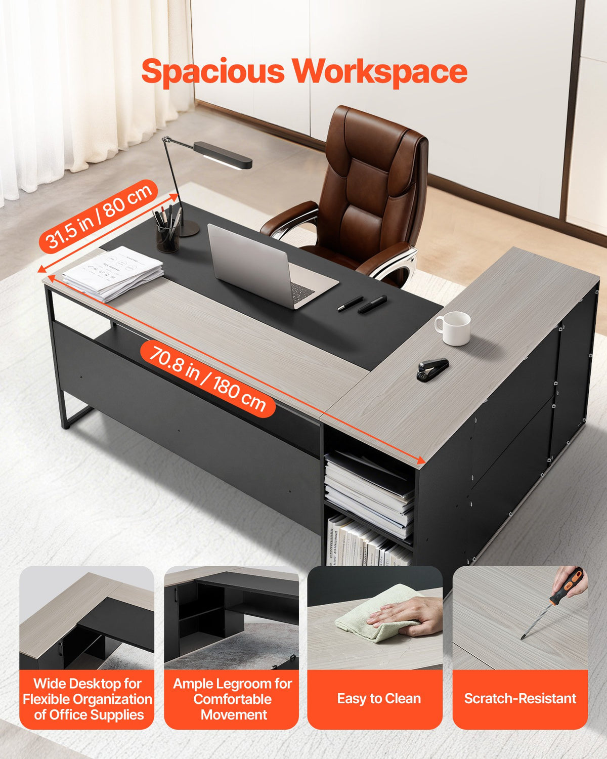 L-Shaped Executive Desk, Large Modern Office Table with Drawers & Storage Cabinet, Heavy Duty Wooden Executive Table with CPU Stand, 158.7 KG Load Capacity, Easy Assembly, for Work Study Writing
