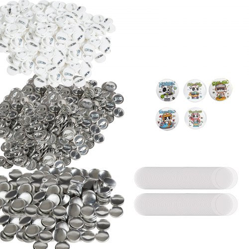 500 set med 2,5 cm delar till bakknappar, gör-det-själv runda knappdelar till märken, setet innehåller metalltopp, plast-/metallknapp, genomskinlig film och blankt papper för presenter, maskin ingår ej