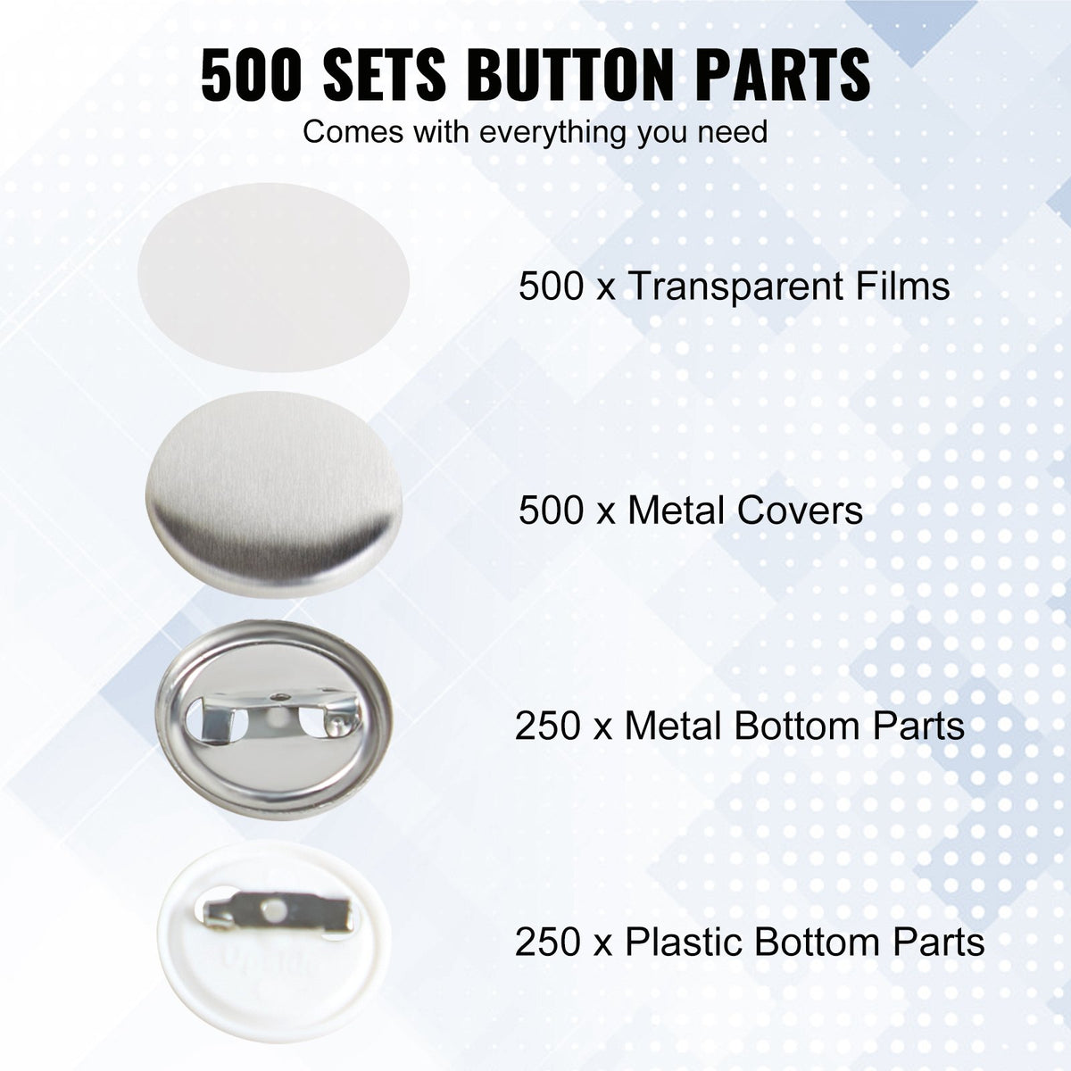 500 set med 2,5 cm delar till bakknappar, gör-det-själv runda knappdelar till märken, setet innehåller metalltopp, plast-/metallknapp, genomskinlig film och blankt papper för presenter, maskin ingår ej