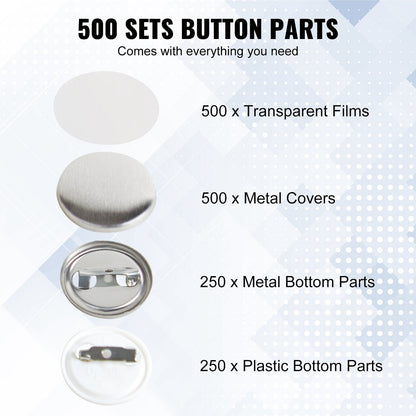 500 set med 2,5 cm delar till bakknappar, gör-det-själv runda knappdelar till märken, setet innehåller metalltopp, plast-/metallknapp, genomskinlig film och blankt papper för presenter, maskin ingår ej