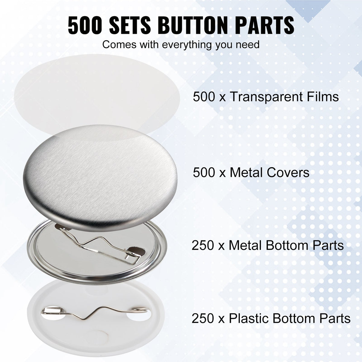 500 set 1,25 tum 32 mm bakre knappdelar, gör-det-själv runda knappdelar till märken, setet innehåller metalltopp, plast-/metallknapp, genomskinlig film och blankt papper för presenter, maskin ingår ej