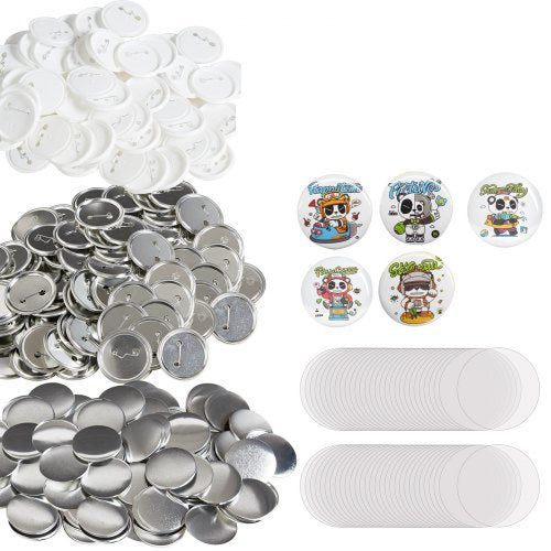 500 set 2,25 tum 58 mm bakre knappdelar, gör-det-själv runda knappdelar till märken, setet innehåller metalltopp, plast-/metallknapp, genomskinlig film och blankt papper för presenter, maskin ingår ej
