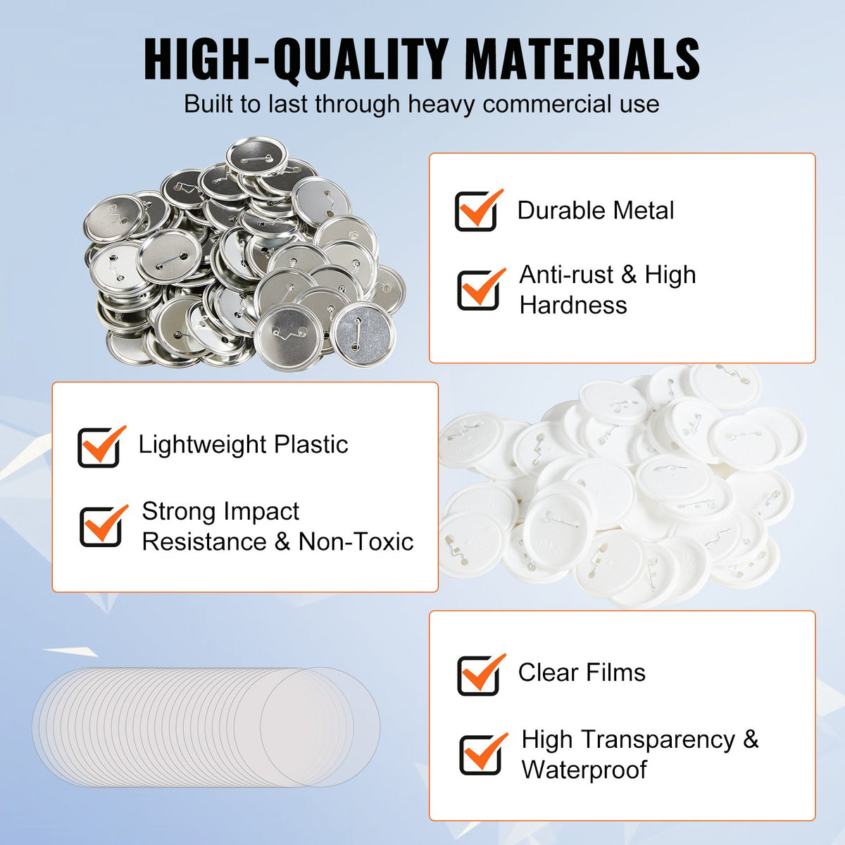 500 set 2,25 tum 58 mm bakre knappdelar, gör-det-själv runda knappdelar till märken, setet innehåller metalltopp, plast-/metallknapp, genomskinlig film och blankt papper för presenter, maskin ingår ej