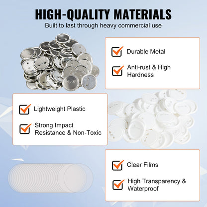500 set 2,25 tum 58 mm bakre knappdelar, gör-det-själv runda knappdelar till märken, setet innehåller metalltopp, plast-/metallknapp, genomskinlig film och blankt papper för presenter, maskin ingår ej