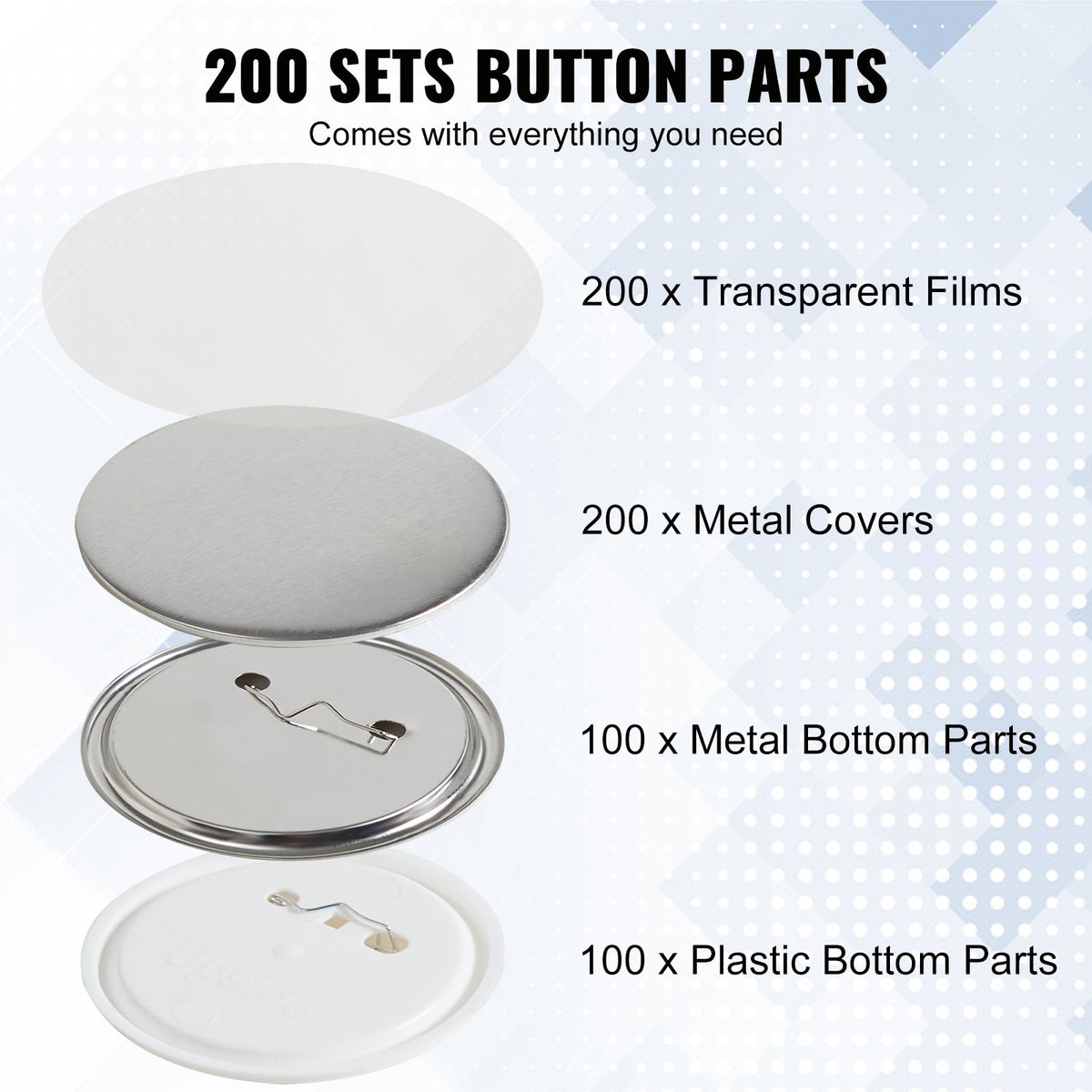 200 set 3 tum 75 mm bakre knappdelar, gör-det-själv runda knappdelar till märken, setet innehåller metalltopp, plast-/metallknapp, genomskinlig film och blankt papper för presenter, maskin ingår ej