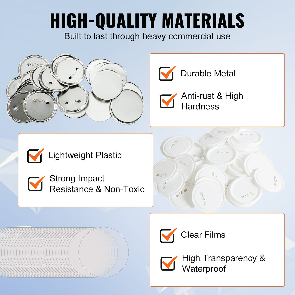 200 set 3 tum 75 mm bakre knappdelar, gör-det-själv runda knappdelar till märken, setet innehåller metalltopp, plast-/metallknapp, genomskinlig film och blankt papper för presenter, maskin ingår ej