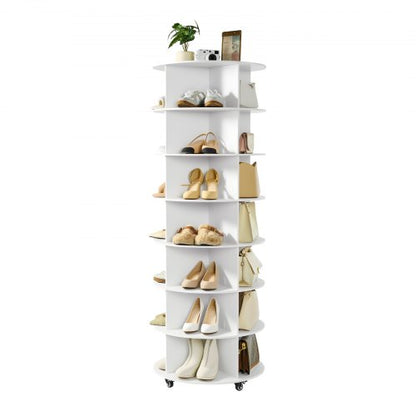 7 Tiers Rotating Shoe Rack Tower with Wheels, Movable 360° Spinning Carousel Display, Lazy Susan Organizer Closet Shelf for Living Room, Entryway, White