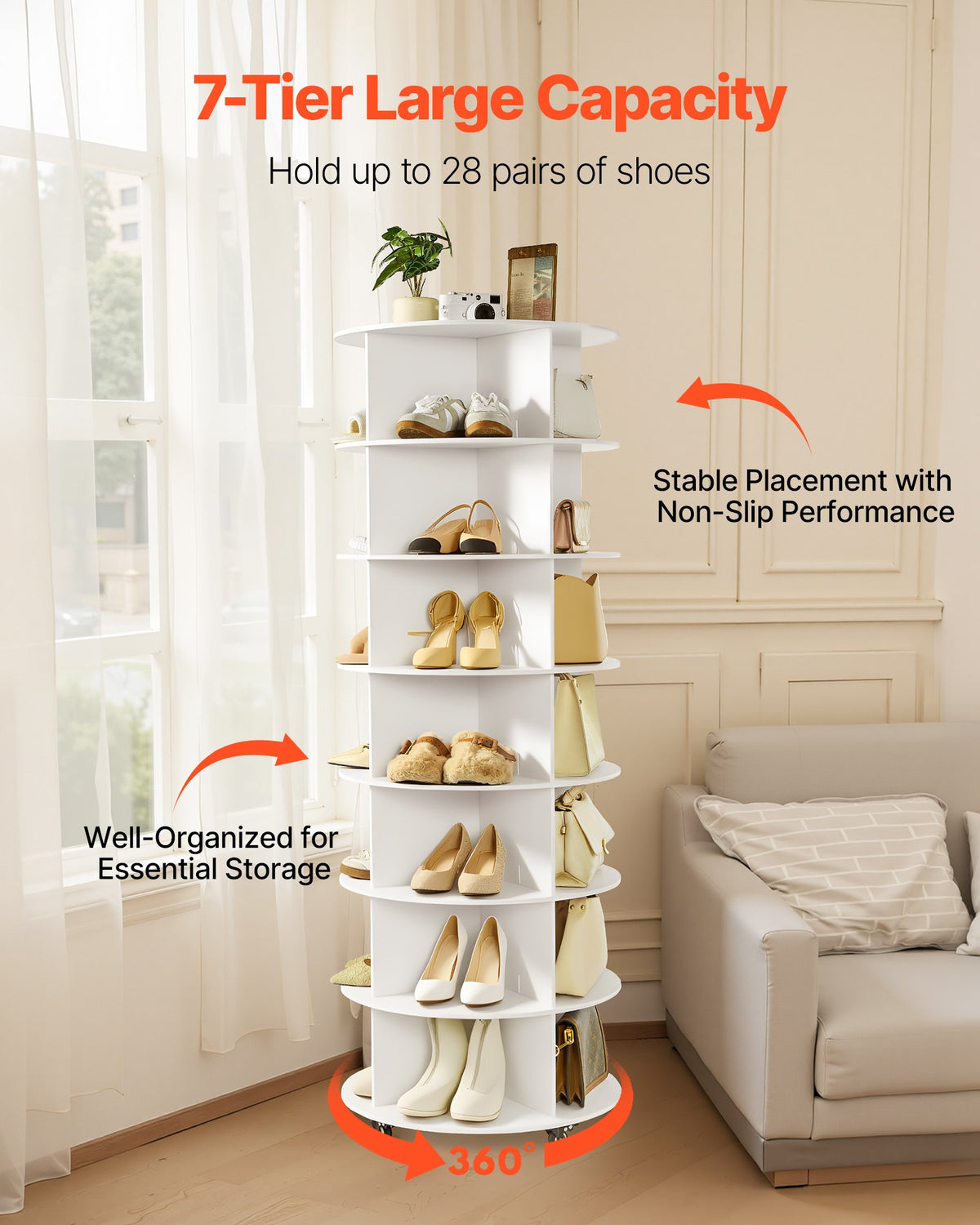 7 Tiers Rotating Shoe Rack Tower with Wheels, Movable 360° Spinning Carousel Display, Lazy Susan Organizer Closet Shelf for Living Room, Entryway, White