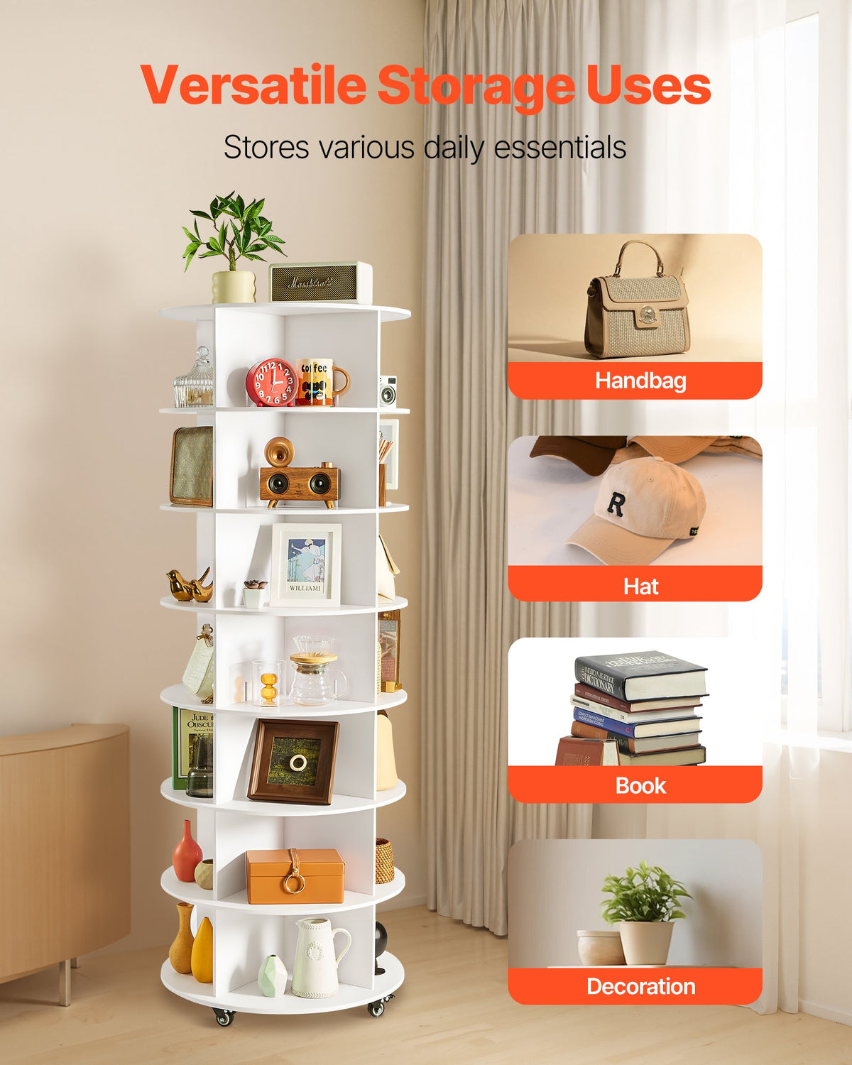 7 Tiers Rotating Shoe Rack Tower with Wheels, Movable 360° Spinning Carousel Display, Lazy Susan Organizer Closet Shelf for Living Room, Entryway, White